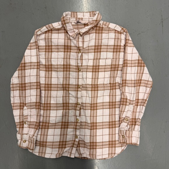SO Tops - SO Goods For Life Tan White‎ Plaid Flannel Button Down Shirt Womens Small S